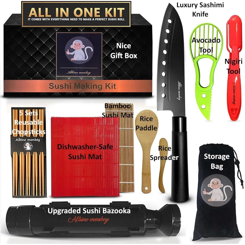 NIB Albino monkey Sushi Making Kit with Pro Sashimi Knife